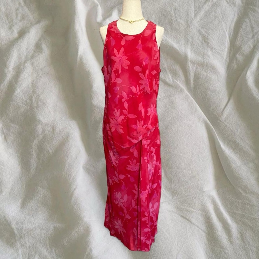 Jones New York Pink Floral Maxi Dress Slit Rayon Spring Wedding Guest Dress